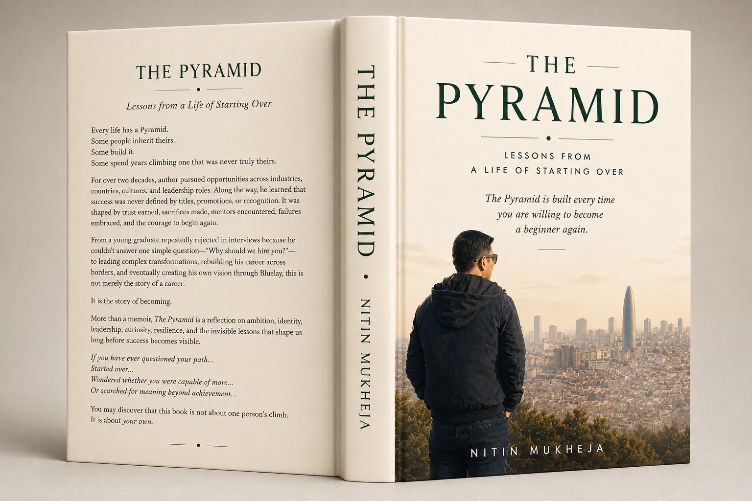 The Pyramid by Nitin — hardcover edition showing a figure looking out over a city skyline